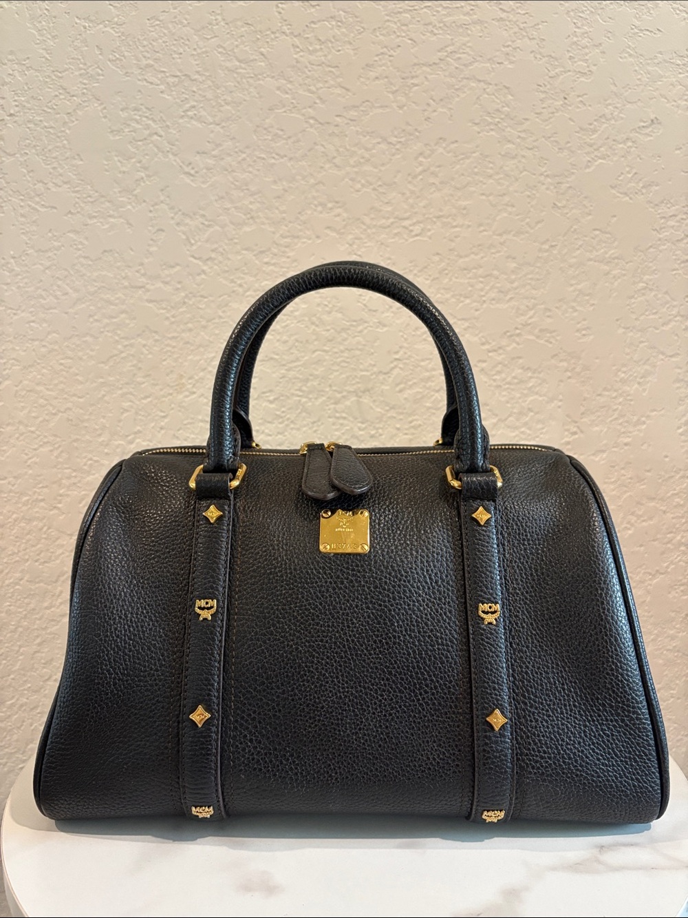 MCM Boston Bag Black Studded Leather made in Korea.